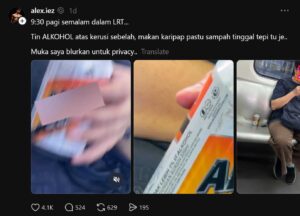 Pukul 9.30 Pagi Dah Selamba Teguk Minuman Tin Beralkohol? Aksi Dalam LRT Buat Rapid KL Tampil Bersuara